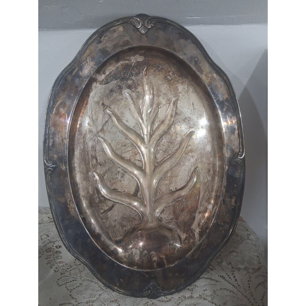 Vtg Footed Shelley Wm Rogers Ornate Meat Tray Platter Silver Plate Tree 4229